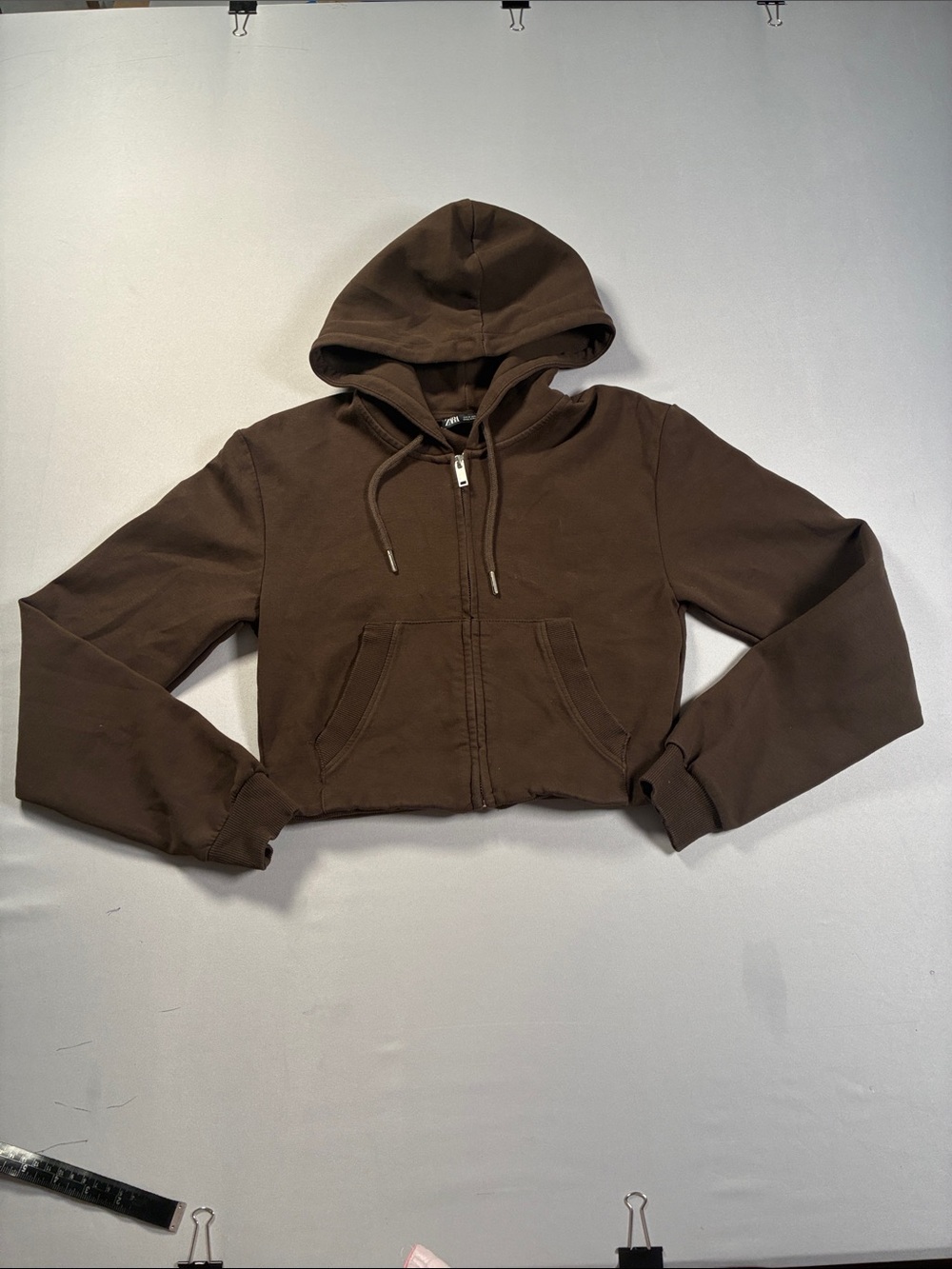 Zara Brown Cropped Zip Hoodie with Pockets Teen Girl Small